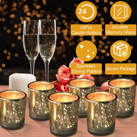 24Pcs Gold Votive Tealights Candle Holders Mercury Glass Shinny Candle Holders For Wedding Birthday Party Home Decoration Table Centerpiece