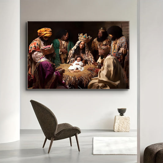 1pc Handcrafted Log Material Framed Canvas Art, Vintage Nativity Scene with Holy Kings, Crowned Figures & Adoring Family, Majestic Royal Attire, for Elegant Home Wall Decor, Living Room Aesthetics