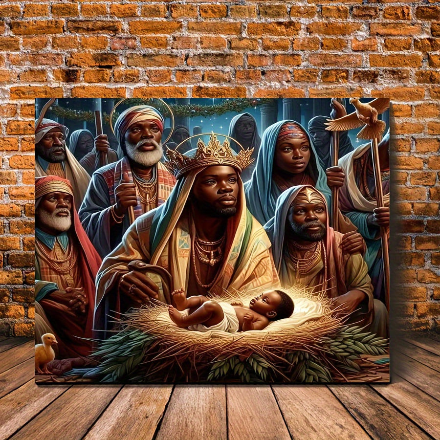 Black Jesus Christ Birth Wall Art Print with Frame - 1pc Framed Canvas Painting for Home & Bedroom Decor, Festive Gift Ready to Hang