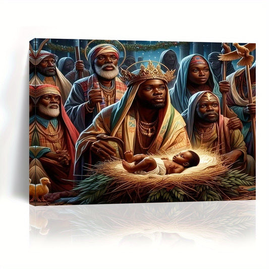 Black Jesus Christ Birth Wall Art Print with Frame - 1pc Framed Canvas Painting for Home & Bedroom Decor, Festive Gift Ready to Hang