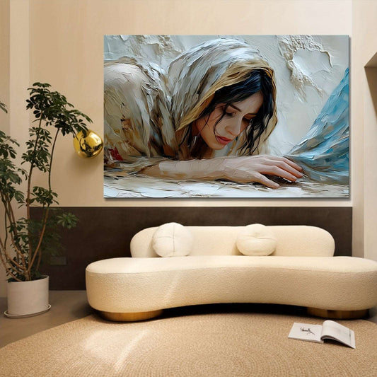 1 Pc Unique Wrapped Wooden Frame Canvas Poster, Jesus' Miracle, Woman Healed by Fringe of His Garment - Inspirationa, Bible Verse Wall Art, Wooden Framed Canvas for Living Room Decor