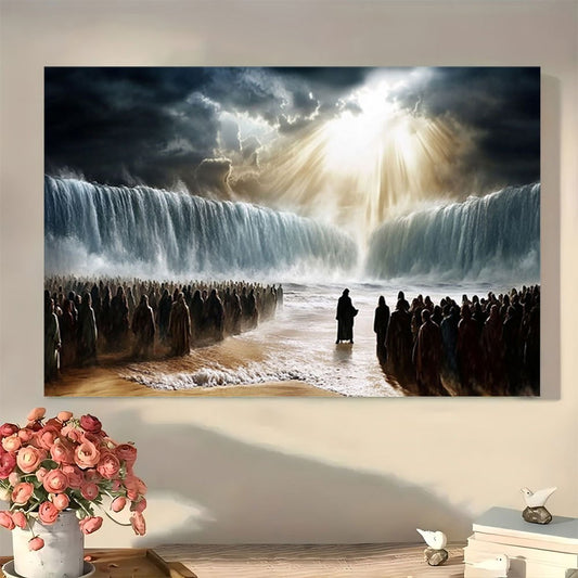 1pc Moses Parting the Red Sea Canvas Art, 11.8x15.7 inches, Wooden Framed Wall Decor, Enchanting Waterfall Scene, Ideal for Living Room, Office, School, Art Supplies, Classroom Decoration, Christmas, Halloween, Birthday, Grad