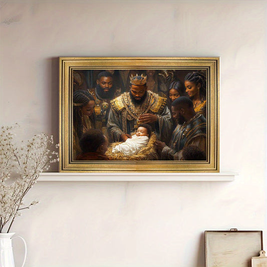 Room Decor 1pc Vintage Golden Frame Canvas Painting - Holy King Jesus Born in Manger with Family - Majestic Black Figures - Religious Artwork for Living Room Wall Decor - 11.8x15.7 Inches