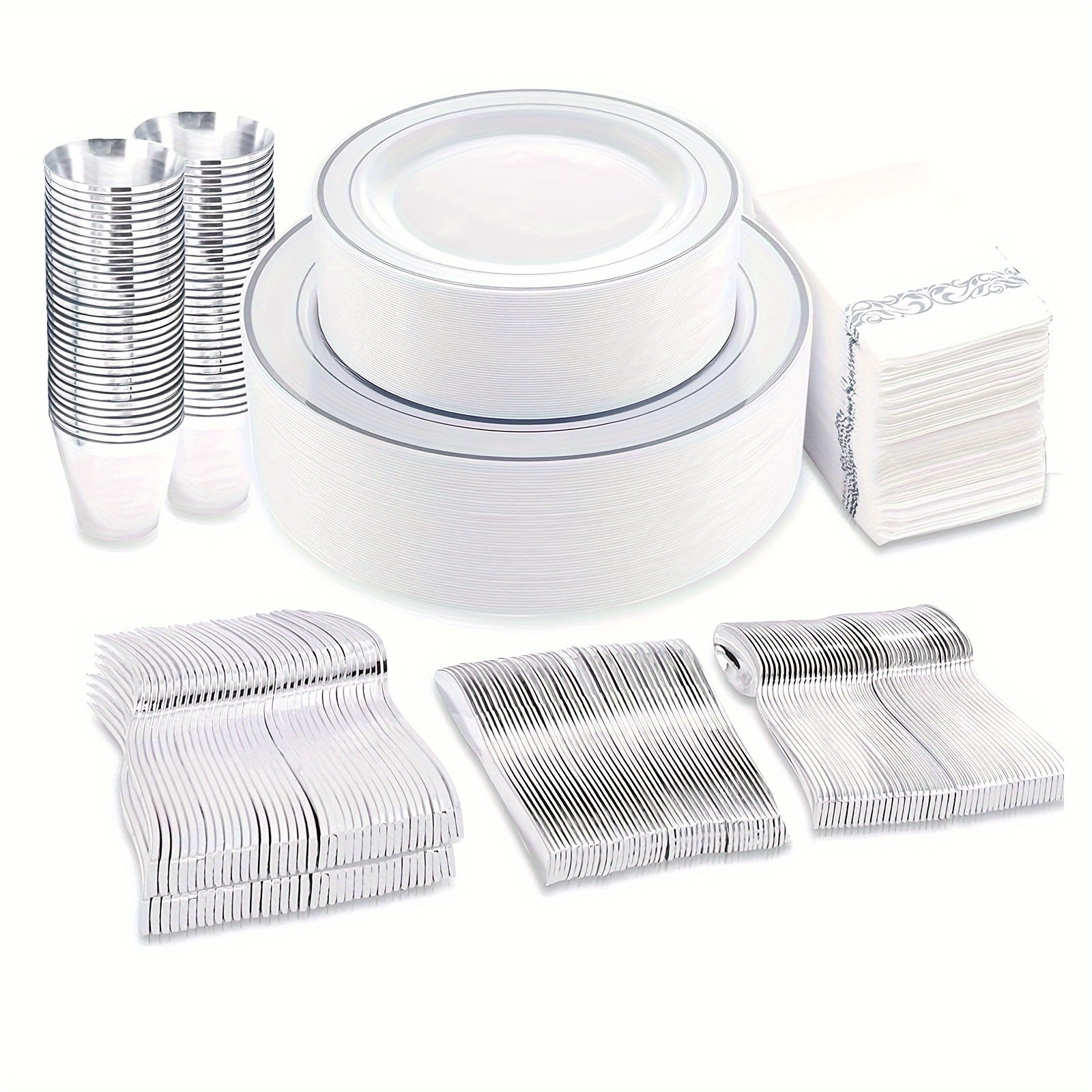 800pcs Silver Plastic Dinnerware Set for 100 Guests, Silver and White Plastic Plates, Party Plates Disposable, Silver Plastic Cutlery, Silver Cups, Silver Napkins, Suit for Holiday Party Birthday Uniquely Yours Designs