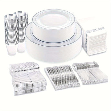 800pcs Silver Plastic Dinnerware Set for 100 Guests, Silver and White Plastic Plates, Party Plates Disposable, Silver Plastic Cutlery, Silver Cups, Silver Napkins, Suit for Holiday Party Birthday Uniquely Yours Designs