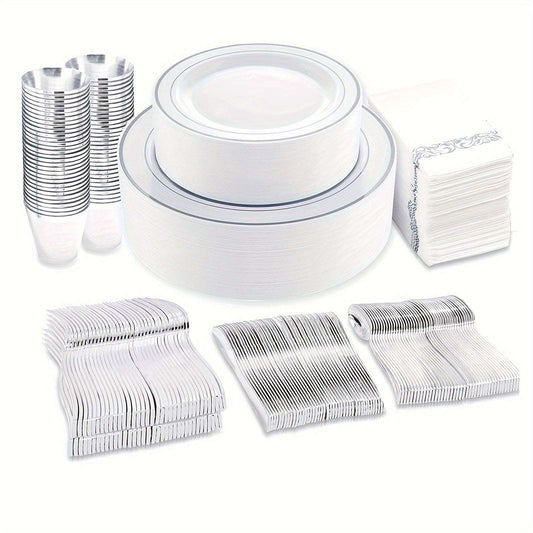 800pcs Silver Plastic Dinnerware Set for 100 Guests, Silver and White Plastic Plates, Party Plates Disposable, Silver Plastic Cutlery, Silver Cups, Silver Napkins, Suit for Holiday Party Birthday Uniquely Yours Designs