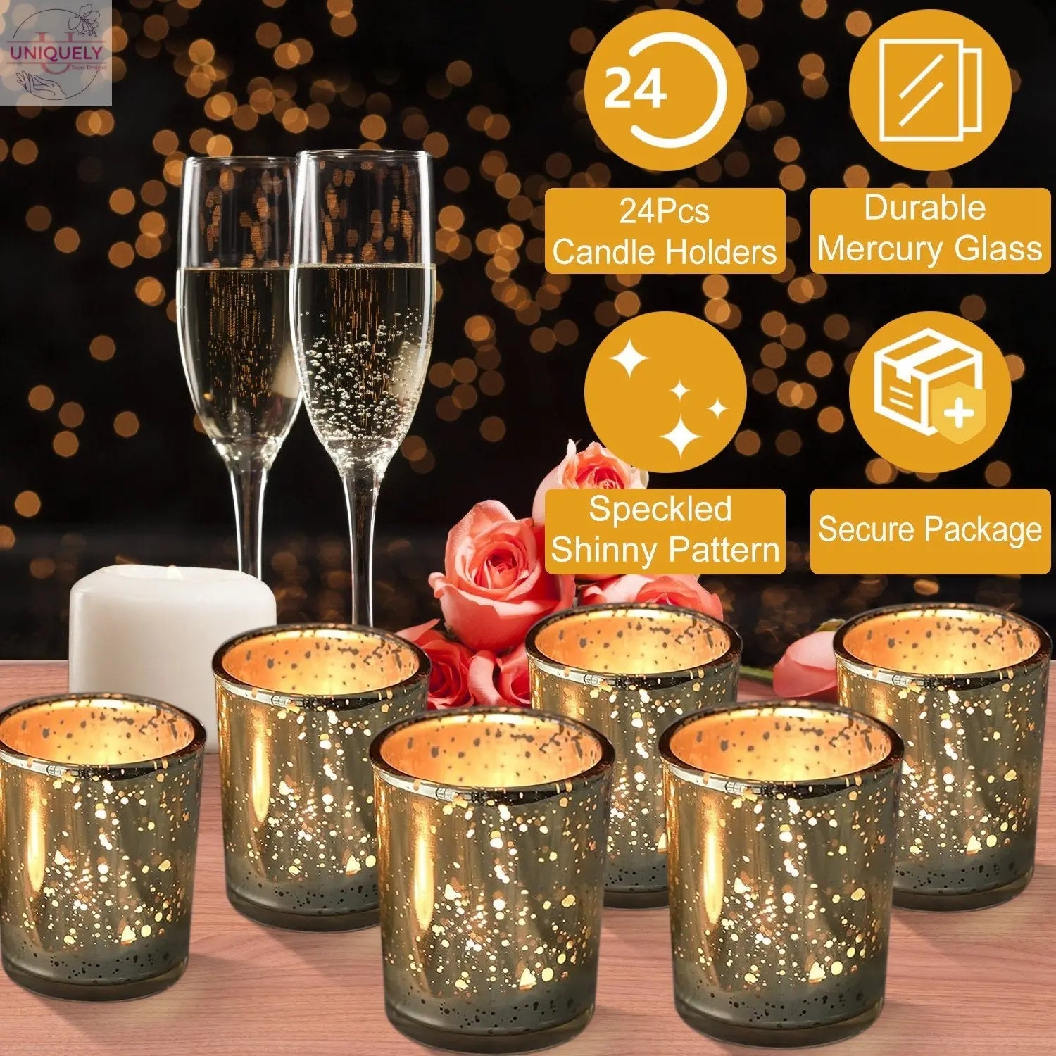 24Pcs Gold Votive Tealights Candle Holders Mercury Glass Shinny Candle Holders For Wedding Birthday Party Home Decoration Table Centerpiece Doba