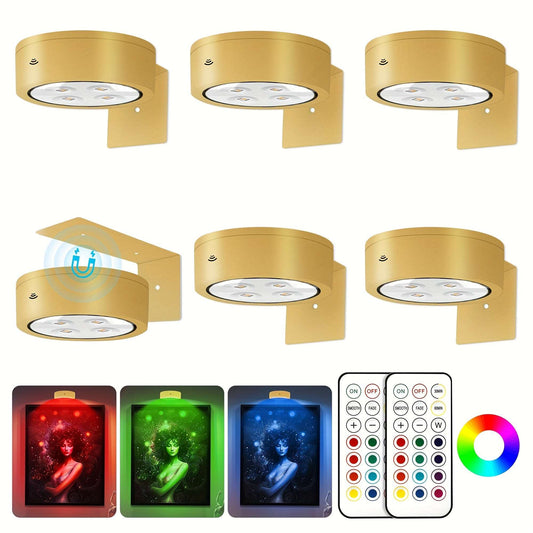 6Pcs Picture Light Battery Operated, 13 RGB Color Magnetic Led Art Display Light for Picture Frame Artworking, Wireless Painting Light with Remote Control, Party Home Wall Decor Puck Light, Gold-RGB