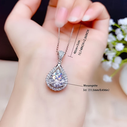 3 Carat Moissanite Droplet Shaped Pendant Necklace - 925 Sterling Silver, Elegant, Lovely, Wedding, Birthday, and Mother's Day Gift for Women, Exquisite Jewelry for Special Occasions