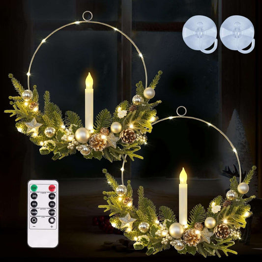 2-Pack ASPMIZ Traditional Christmas Wreaths with LED Lighted Taper Candles, Remote Control, Berries, Pine Cones - Wall Hanging Decor for Holiday, Winter - Plastic, Requires 2 AA Batteries (Not Included)