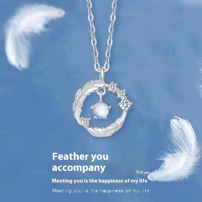 925 Silver Plated  Feather Shape Pendant Necklace Moonstone Round Bead Jewelry Choker Gift Doba