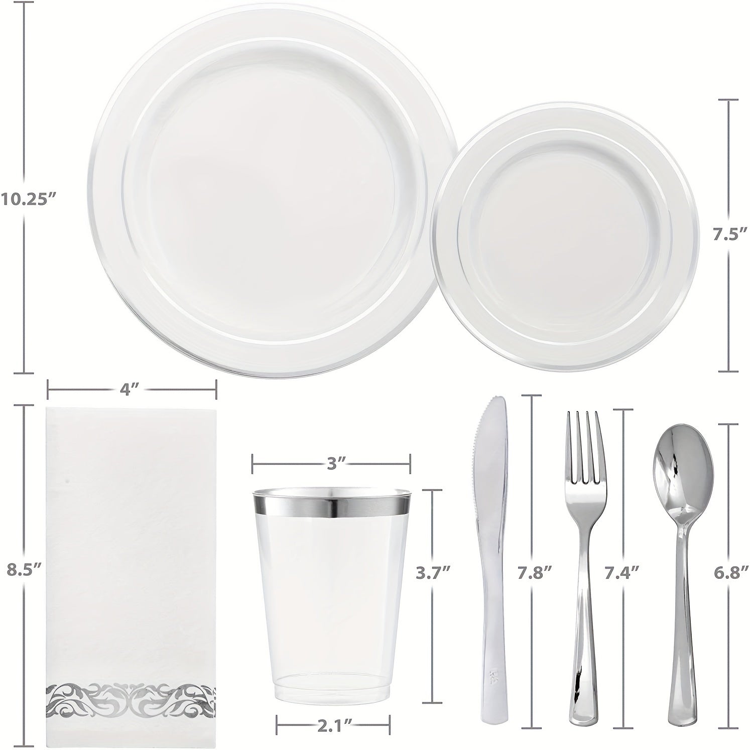 800pcs Silver Plastic Dinnerware Set for 100 Guests, Silver and White Plastic Plates, Party Plates Disposable, Silver Plastic Cutlery, Silver Cups, Silver Napkins, Suit for Holiday Party Birthday Uniquely Yours Designs