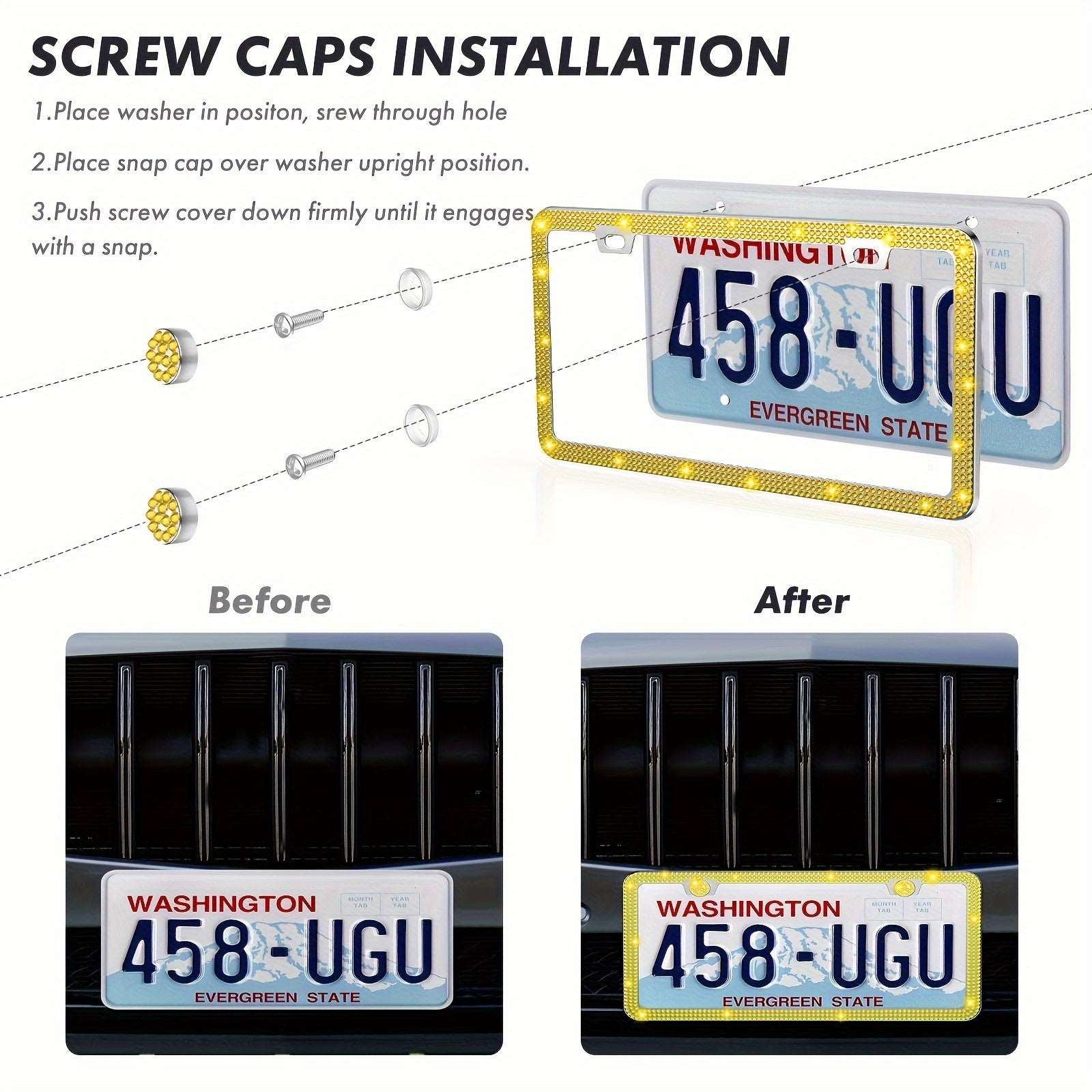 2pcs Artificial Diamond License Plate Frame, License Plate Frame Size 6.4 Inch X 12.25 Inch, For US And Canadian Standard Sizes, With Screws, Screw Caps And Installation Tools Uniquely Yours Designs