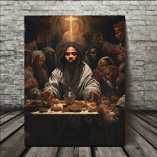 Ready-to-Hang Wooden Framed Canvas Art - Last Supper with Black Christ, Inspirational Wall Decor for Living Room & Bedroom, Perfect Gift