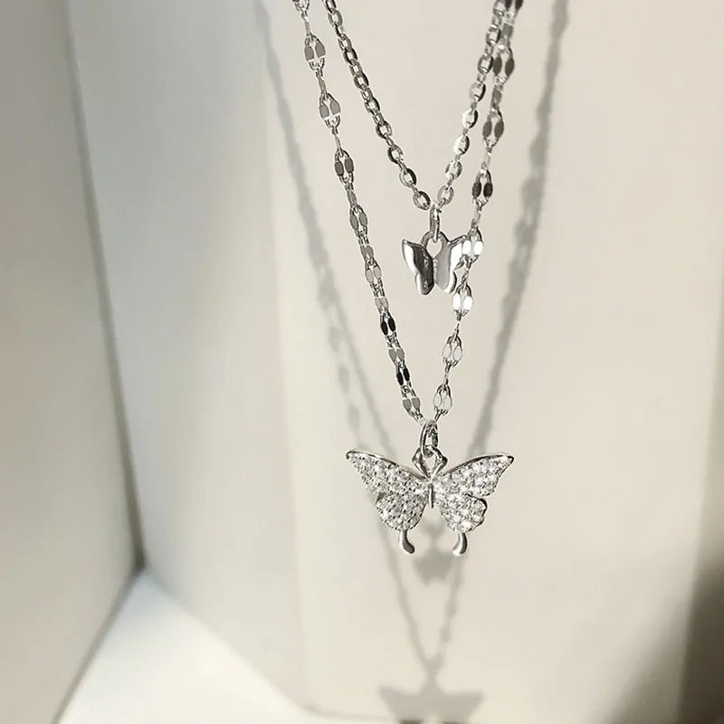 ANENJERY 925 Sterling Silver CZ Butterfly Necklace: Double Layer Dainty Jewelry Uniquely Yours Designs