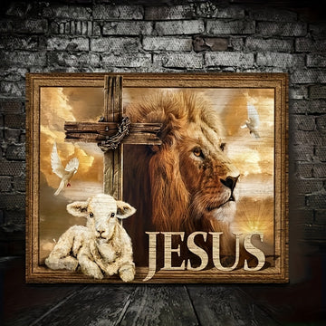 1pc Wooden Framed Canvas Painting Inspirational Lion And Lamb Canvas Poster Spiritual Cross Symbol, Light Brown Framed Painting For Home Bathroom Living Room Decor Inspirational Canvas Wall Art Decoration With Framed Ready To