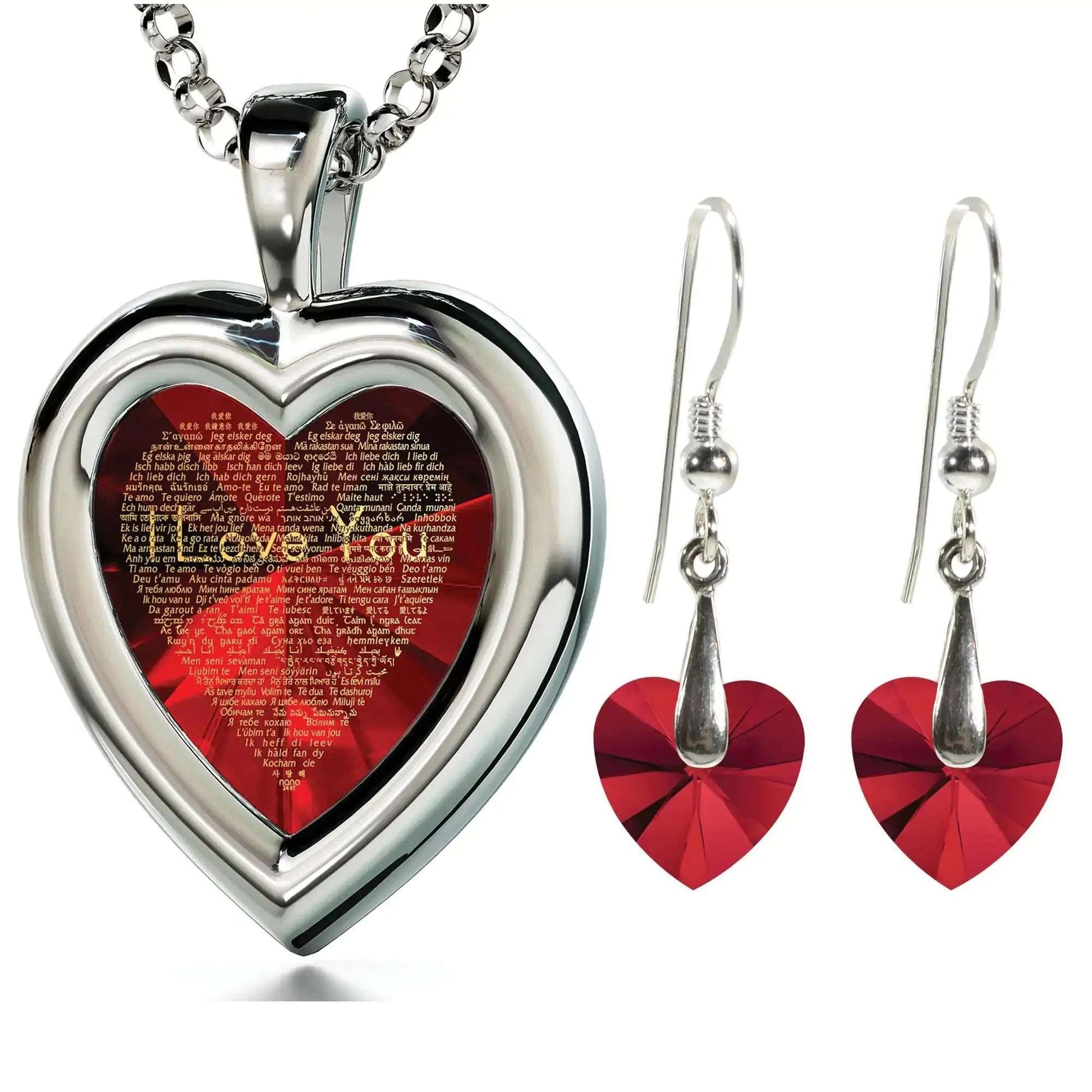 925 Silver Heart Jewelry Set I Love You Necklace in 120 Languages and Crystal Earrings Uniquely Yours Designs