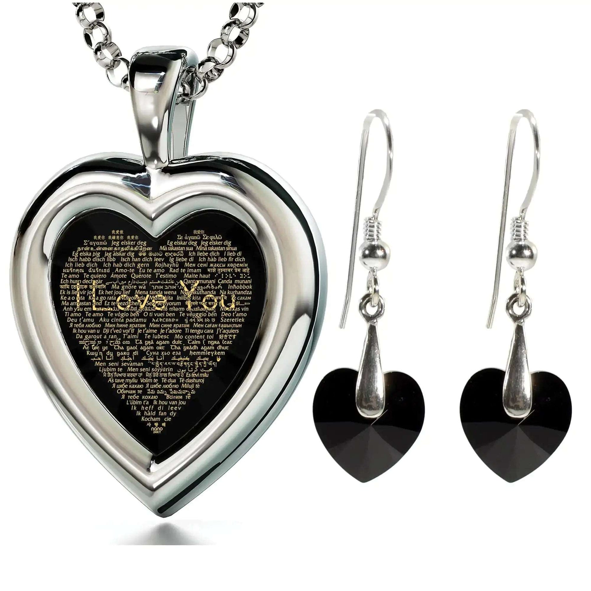 925 Silver Heart Jewelry Set I Love You Necklace in 120 Languages and Crystal Earrings Uniquely Yours Designs