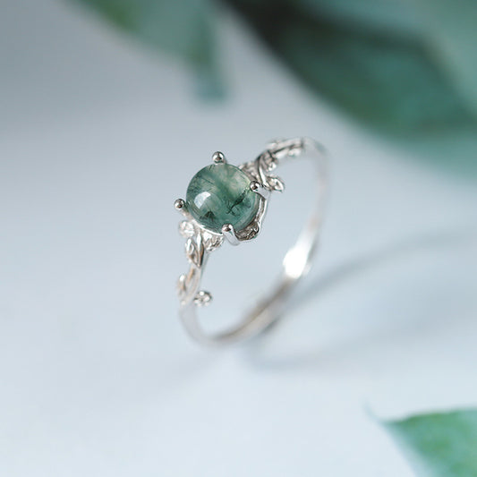 S925 Silver Green Moss Ring Water Plants Agate Stone Finger Ring Doba