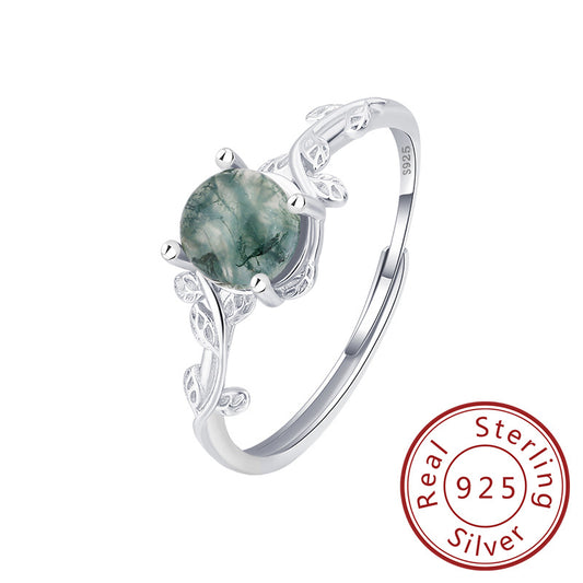 S925 Silver Green Moss Ring Water Plants Agate Stone Finger Ring Doba