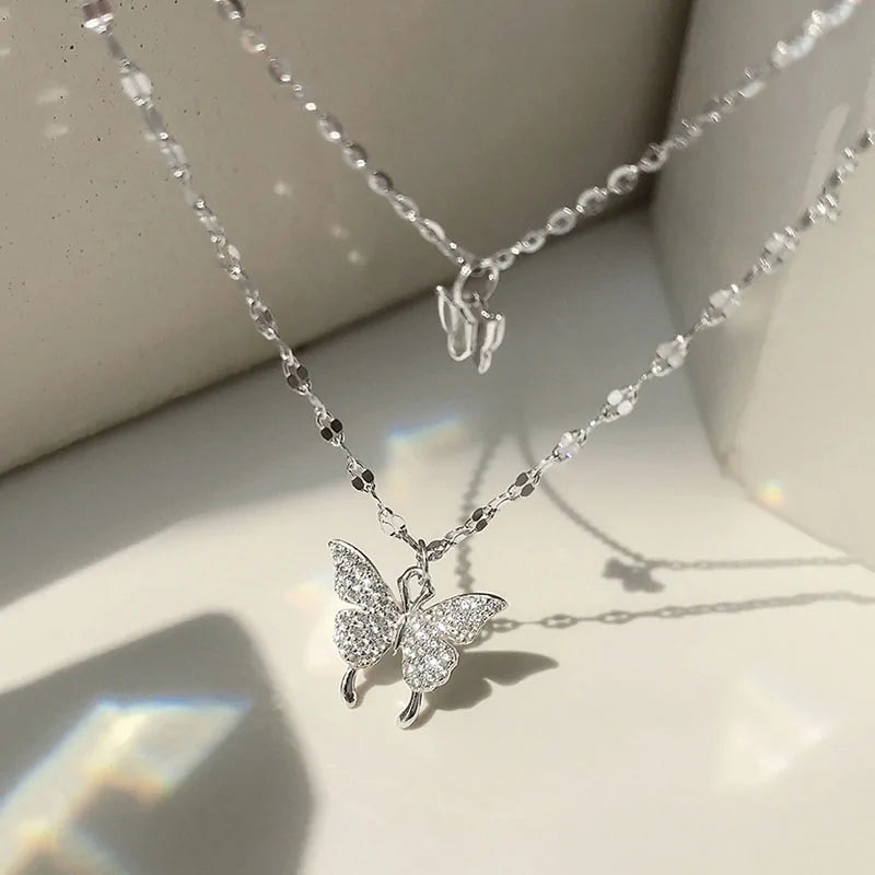 ANENJERY 925 Sterling Silver CZ Butterfly Necklace: Double Layer Dainty Jewelry Uniquely Yours Designs