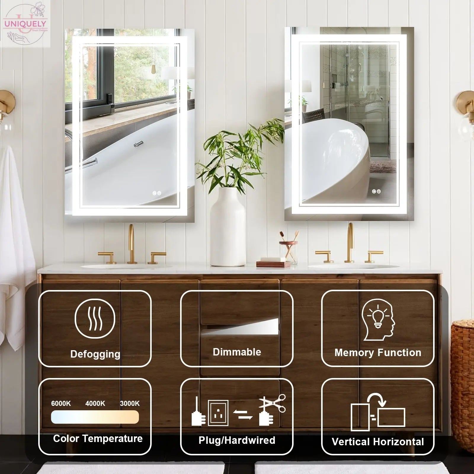 7 Size LED Bathroom Mirror Wall Mounted Vanity Mirror Anti-Fog Mirror Dimmable Lights with Touch Switch(Horizontal/Vertical) Doba