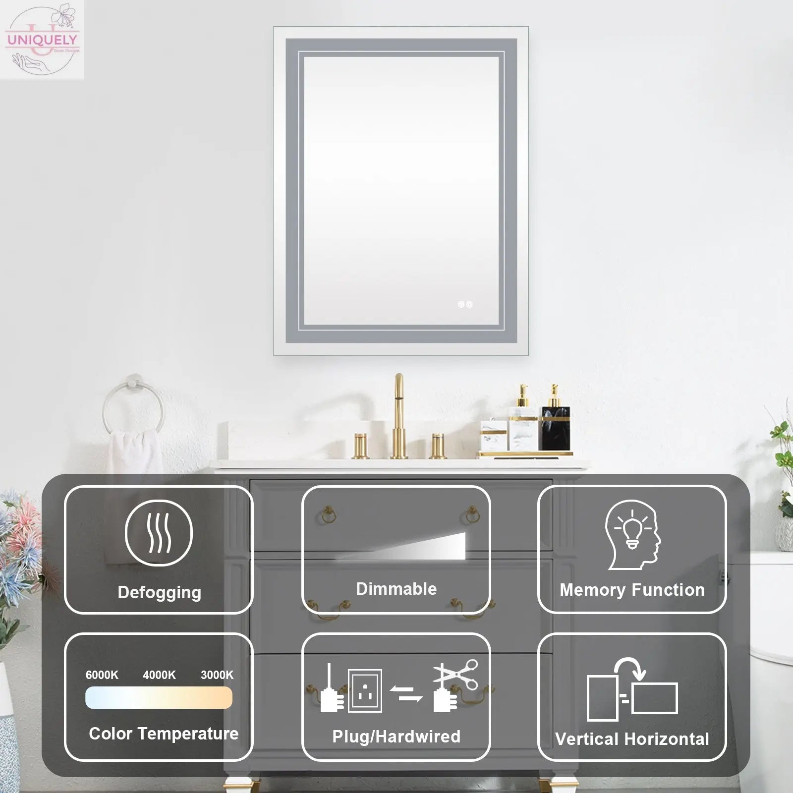 7 Size LED Bathroom Mirror Wall Mounted Vanity Mirror Anti-Fog Mirror Dimmable Lights with Touch Switch(Horizontal/Vertical) Doba