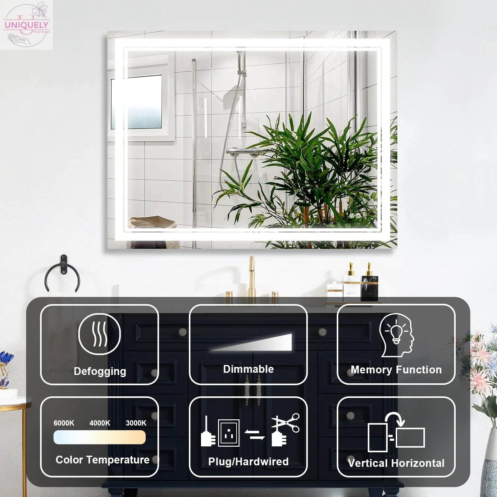 7 Size LED Bathroom Mirror Wall Mounted Vanity Mirror Anti-Fog Mirror Dimmable Lights with Touch Switch(Horizontal/Vertical) Doba