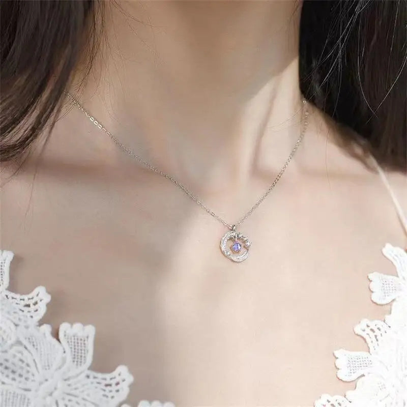 925 Silver Plated  Feather Shape Pendant Necklace Moonstone Round Bead Jewelry Choker Gift Doba