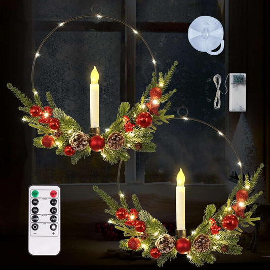 2-Pack ASPMIZ Traditional Christmas Wreaths with LED Lighted Taper Candles, Remote Control, Berries, Pine Cones - Wall Hanging Decor for Holiday, Winter - Plastic, Requires 2 AA Batteries (Not Included)