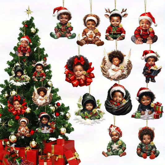 12pcs/1Set Christmas Black Chibi Ornaments Pendant, African American Christmas, New Year Gifts, Home, Window, Office, Classroom, Car Rearview Mirror, Yard, Party Decoration