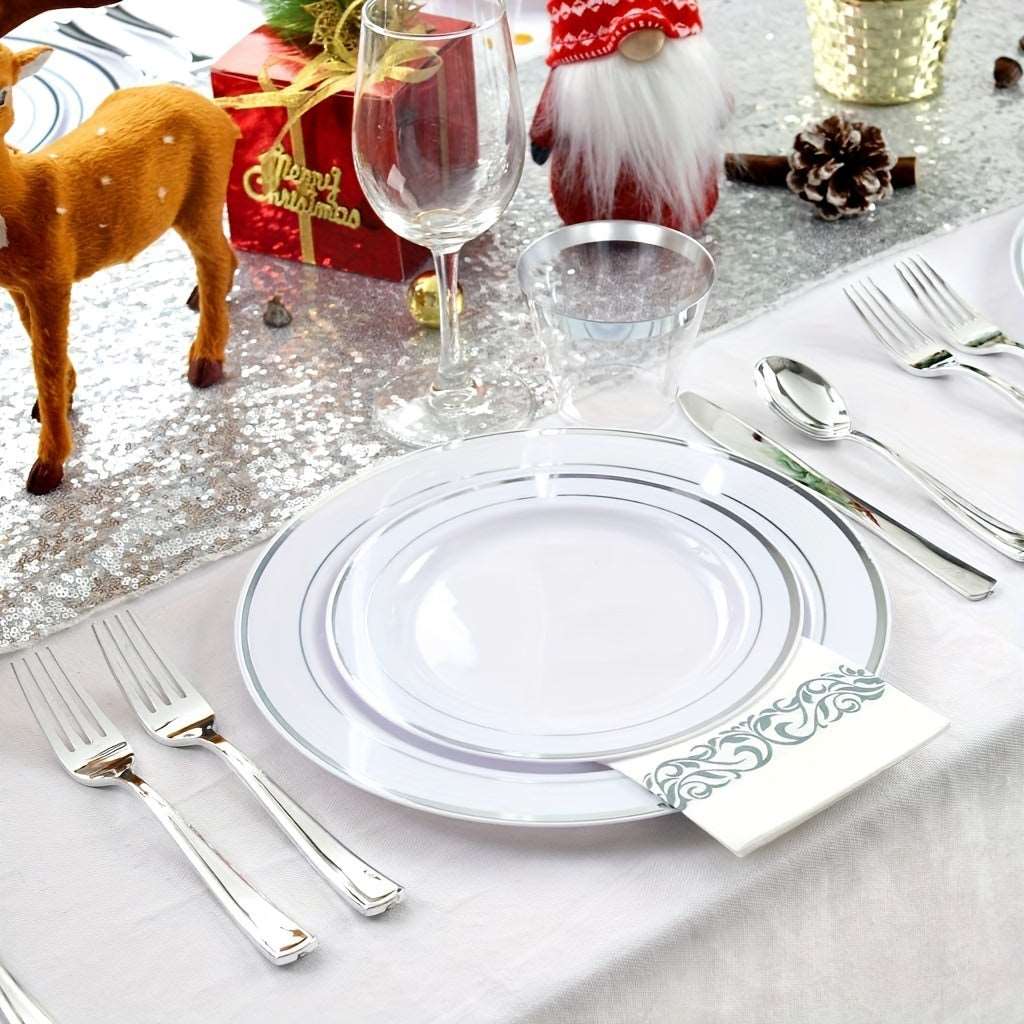 800pcs Silver Plastic Dinnerware Set for 100 Guests, Silver and White Plastic Plates, Party Plates Disposable, Silver Plastic Cutlery, Silver Cups, Silver Napkins, Suit for Holiday Party Birthday Uniquely Yours Designs