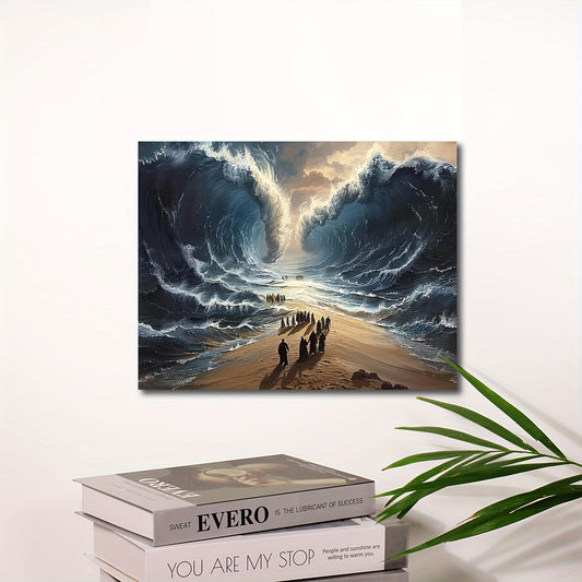 Moses Parting the Red Sea - Inspirational Judaism & Christianity Canvas Art, Wooden Framed Religious Seascape Print for Living Room Decor, 11.8x15.7 inches