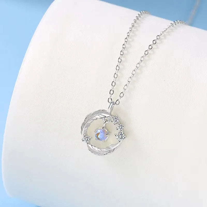 925 Silver Plated  Feather Shape Pendant Necklace Moonstone Round Bead Jewelry Choker Gift Doba