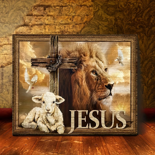 1pc Wooden Framed Canvas Painting Inspirational Lion And Lamb Canvas Poster Spiritual Cross Symbol, Light Brown Framed Painting For Home Bathroom Living Room Decor Inspirational Canvas Wall Art Decoration With Framed Ready To