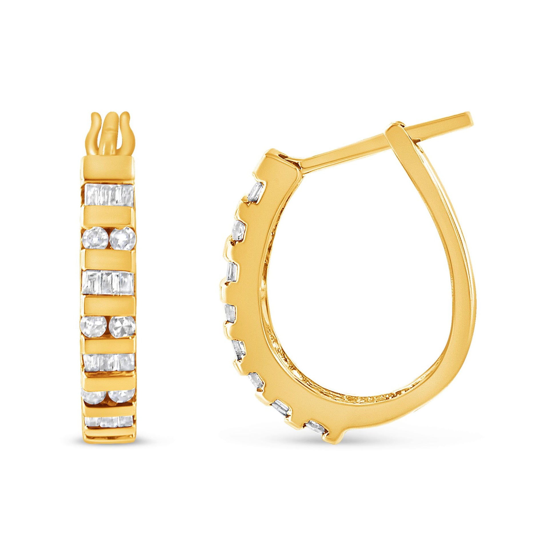 10K Gold Round and Baguette-Cut Diamond Hoop Earrings (I-J Color, I2-I3 Clarity) - Uniquely Yours Designs