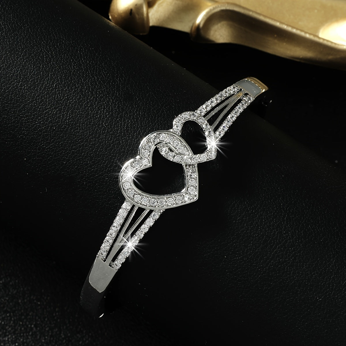 Romantic Cuff Bangle Bracelet Double Hollow Heart Shape With Full Of Shiny Zircon Bangle Bracelet For Women & Girls Valentine's Day Present Doba