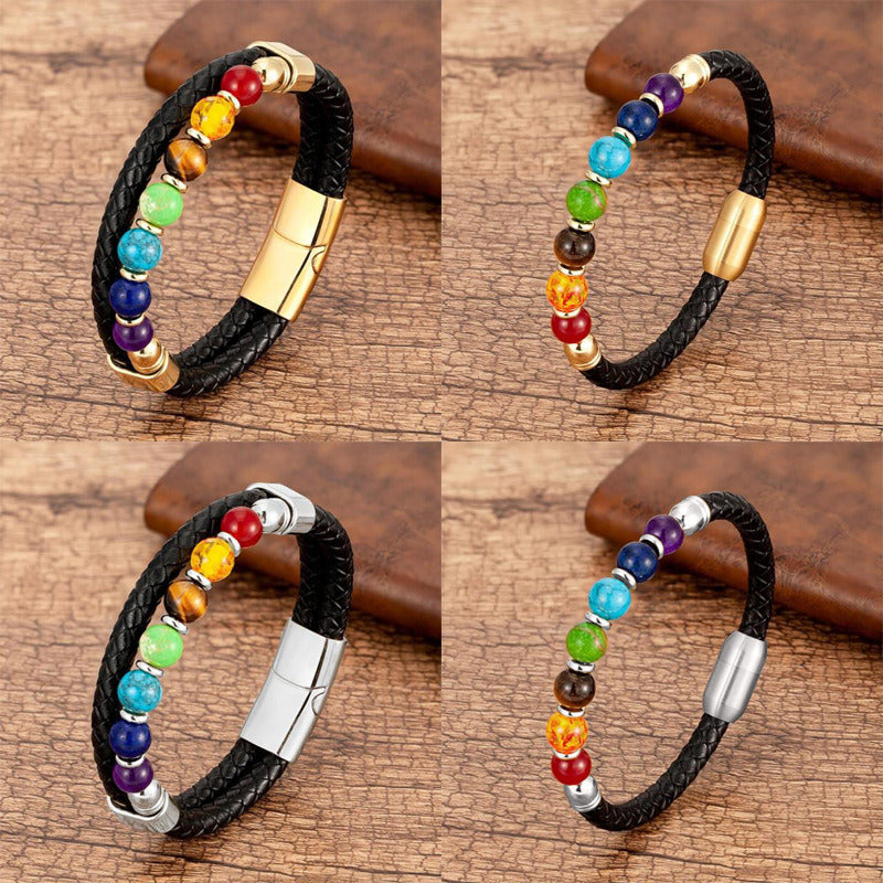 New European And American Fashion Men's Stone Leather Rope Magnetic Snap Beaded Bracelet Doba