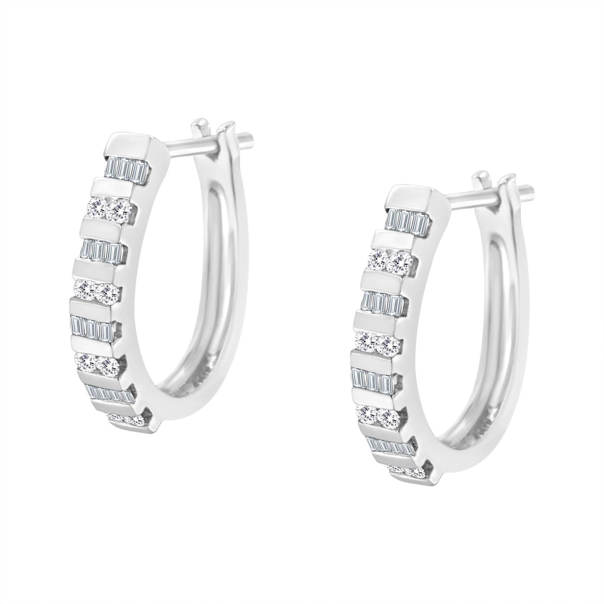 10K Gold Round and Baguette-Cut Diamond Hoop Earrings (I-J Color, I2-I3 Clarity) - Uniquely Yours Designs