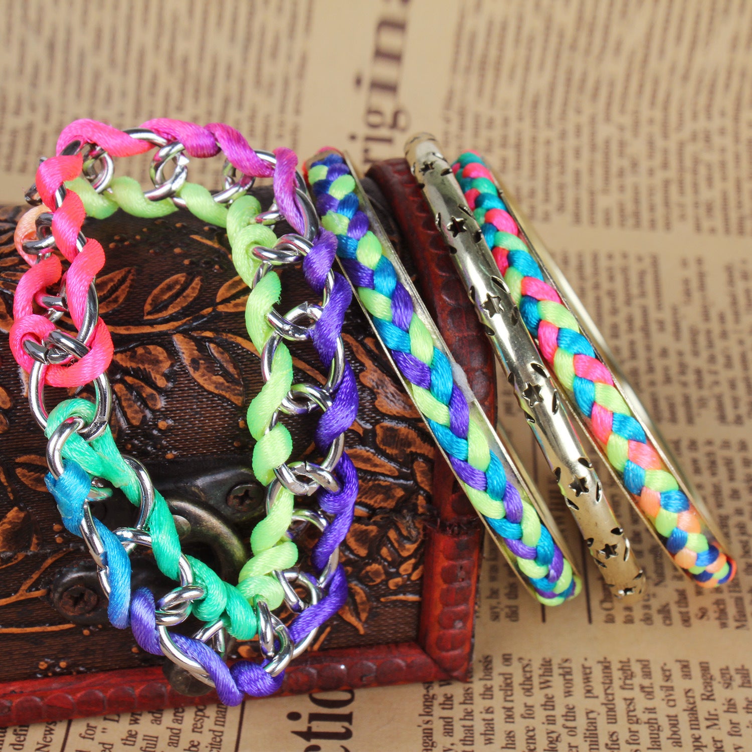 4Pcs Colorful Woven Burnished Gold Bracelets Set Doba