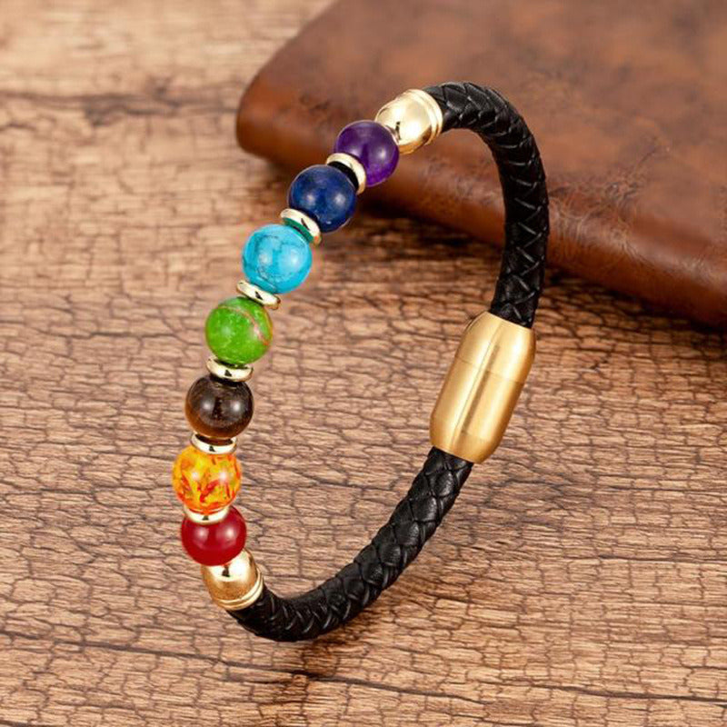 New European And American Fashion Men's Stone Leather Rope Magnetic Snap Beaded Bracelet Doba