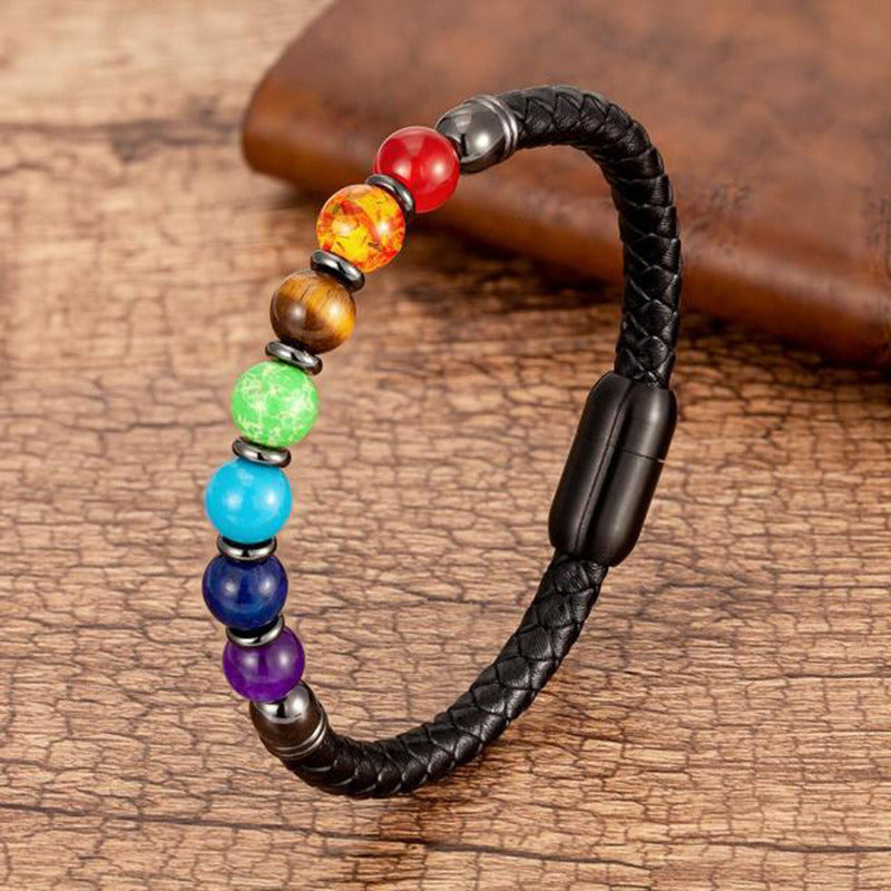 New European And American Fashion Men's Stone Leather Rope Magnetic Snap Beaded Bracelet Doba