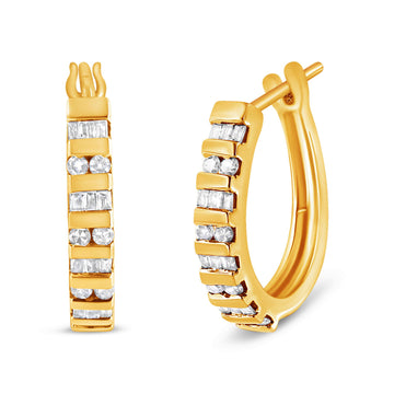 10K Gold Round and Baguette-Cut Diamond Hoop Earrings (I-J Color, I2-I3 Clarity) - Uniquely Yours Designs