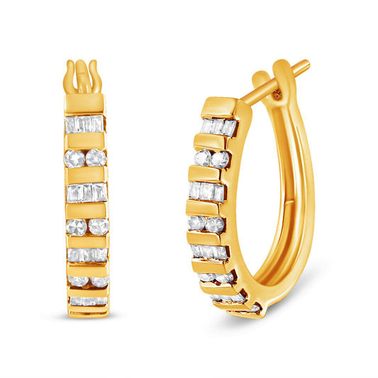 10K Gold Round and Baguette-Cut Diamond Hoop Earrings (I-J Color, I2-I3 Clarity) - Uniquely Yours Designs