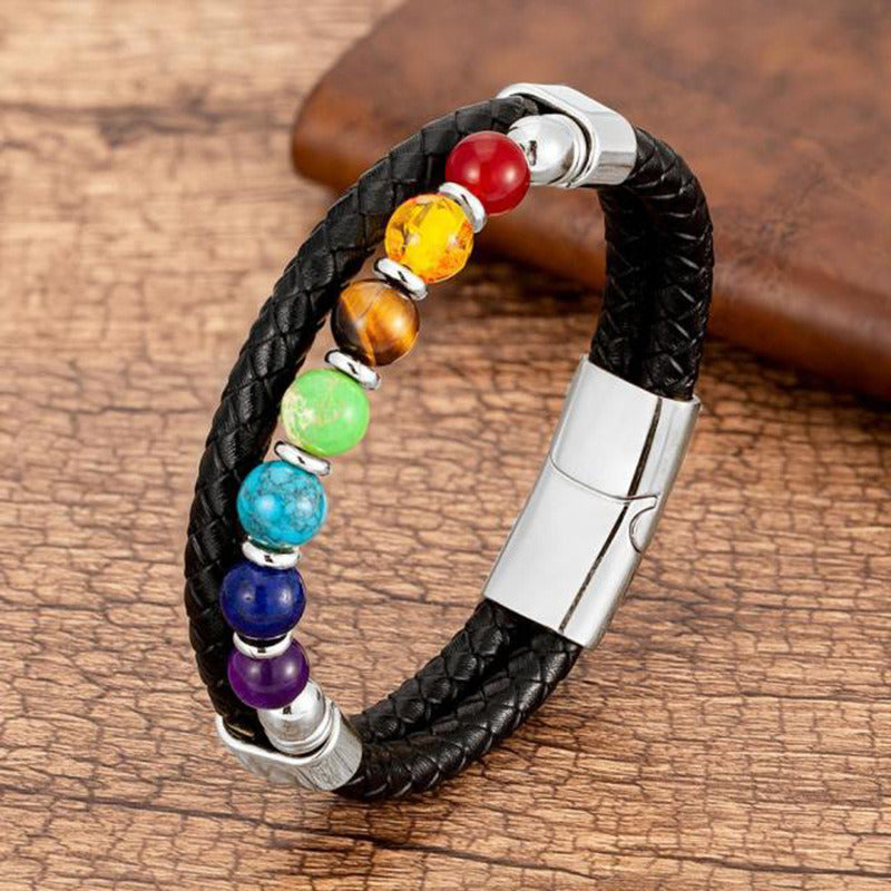 New European And American Fashion Men's Stone Leather Rope Magnetic Snap Beaded Bracelet Doba