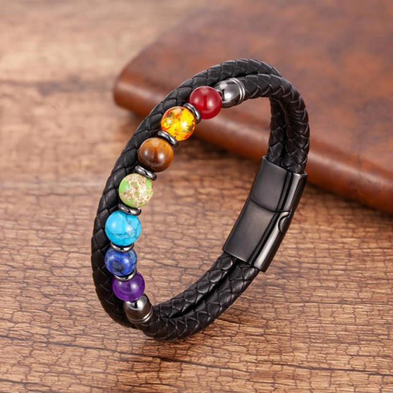 New European And American Fashion Men's Stone Leather Rope Magnetic Snap Beaded Bracelet Doba