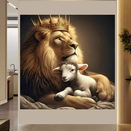 1pcs Wooden Frame Canvas Poster Oil Painting Print Print Painting Picture, Lion And Lamb, Modern Wall Art Ready To Hang Suitable For Office, Living Room, Hallway, Room Bedroom, Dormitory, Home Decor Holiday Perfect Gift