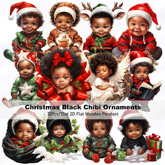 12pcs/1Set Christmas Black Chibi Ornaments Pendant, African American Christmas, New Year Gifts, Home, Window, Office, Classroom, Car Rearview Mirror, Yard, Party Decoration