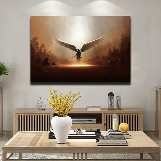 1pc Wooden Framed Wall Art Archangel Michael Golden Light Meditation Poster Art Canvas Wall Decoration Home Living Room Decoration Classroom Kitchen Bedroom Aesthetics