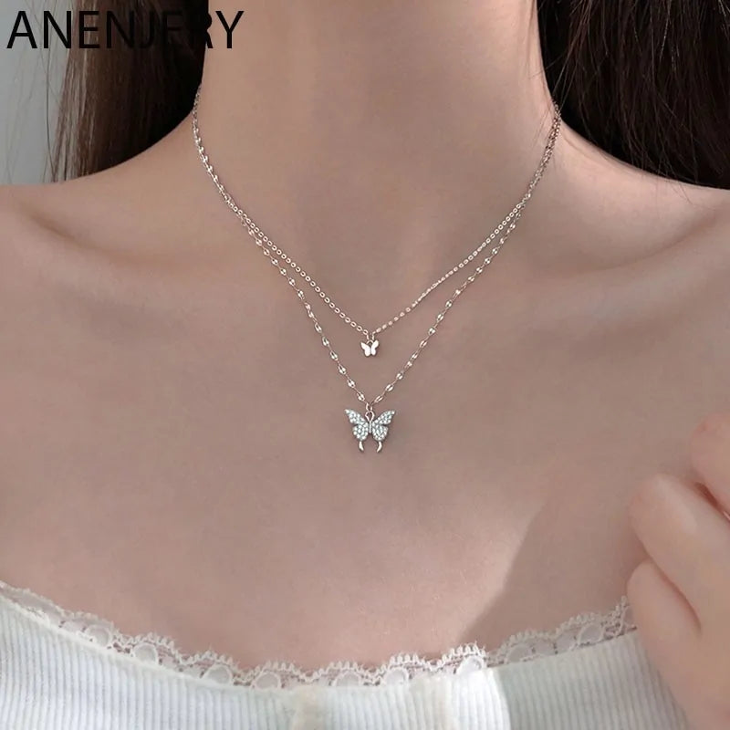 ANENJERY 925 Sterling Silver CZ Butterfly Necklace: Double Layer Dainty Jewelry Uniquely Yours Designs